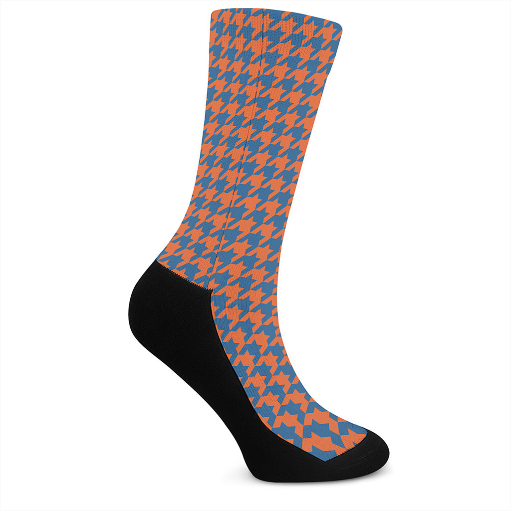 Orange And Blue Houndstooth Print Crew Socks