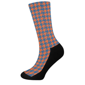 Orange And Blue Houndstooth Print Crew Socks