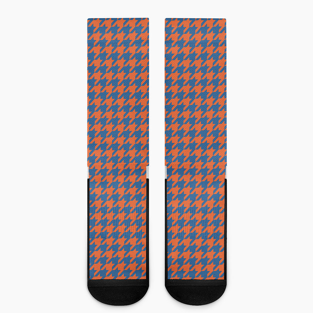 Orange And Blue Houndstooth Print Crew Socks