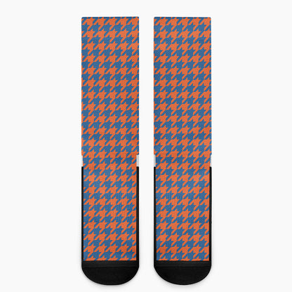 Orange And Blue Houndstooth Print Crew Socks