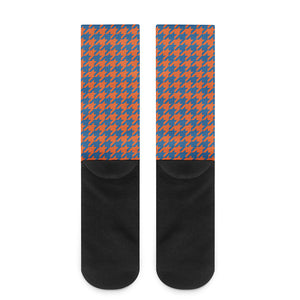 Orange And Blue Houndstooth Print Crew Socks