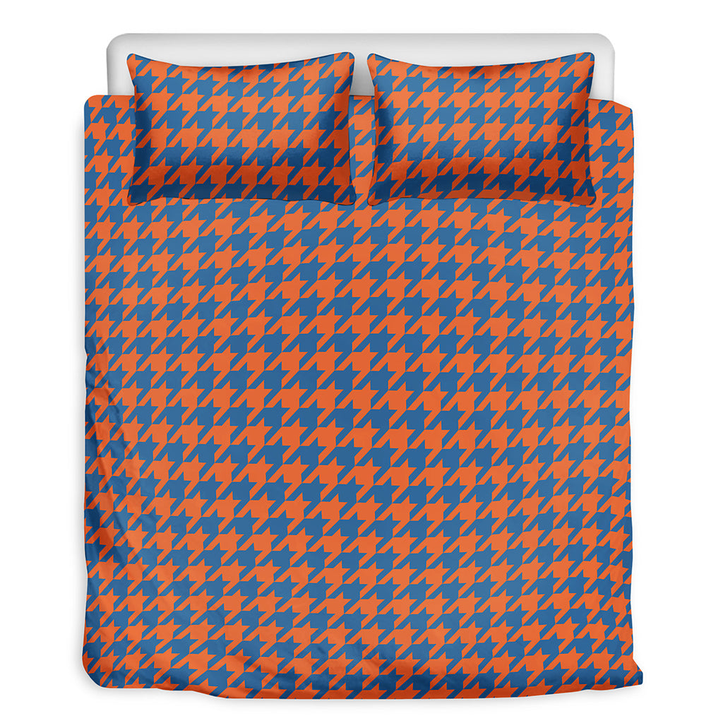 Orange And Blue Houndstooth Print Duvet Cover Bedding Set
