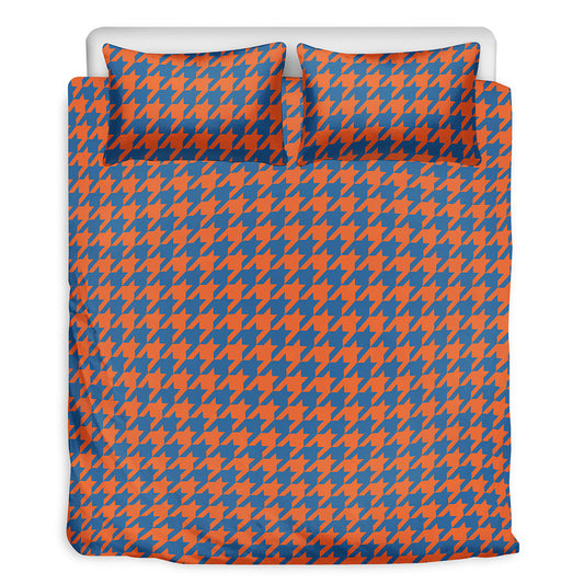 Orange And Blue Houndstooth Print Duvet Cover Bedding Set