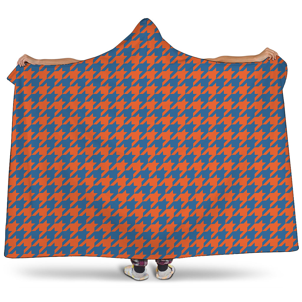 Orange And Blue Houndstooth Print Hooded Blanket