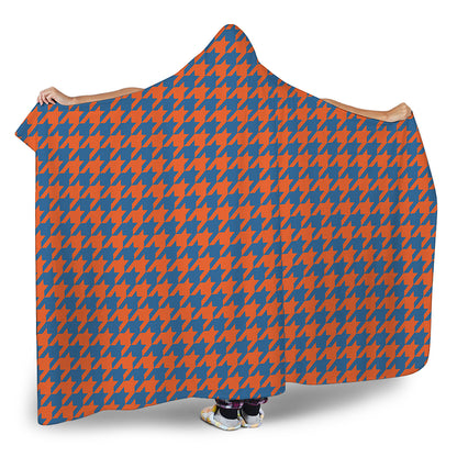 Orange And Blue Houndstooth Print Hooded Blanket