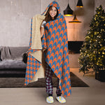 Orange And Blue Houndstooth Print Hooded Blanket