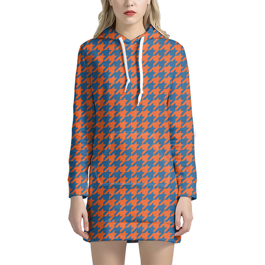 Orange And Blue Houndstooth Print Hoodie Dress