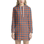 Orange And Blue Houndstooth Print Hoodie Dress