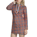 Orange And Blue Houndstooth Print Hoodie Dress