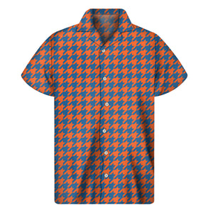 Orange And Blue Houndstooth Print Men's Short Sleeve Shirt