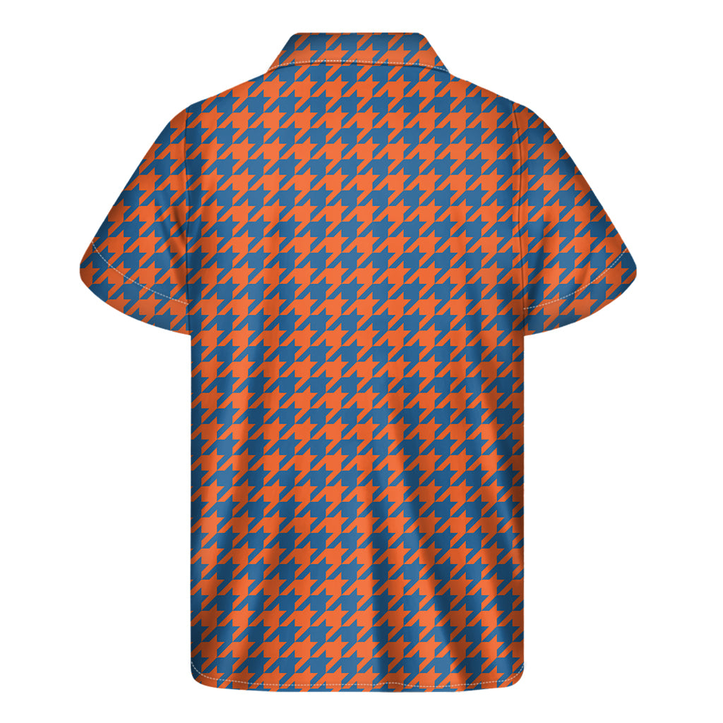 Orange And Blue Houndstooth Print Men's Short Sleeve Shirt