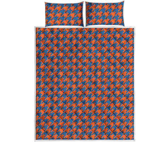 Orange And Blue Houndstooth Print Quilt Bed Set