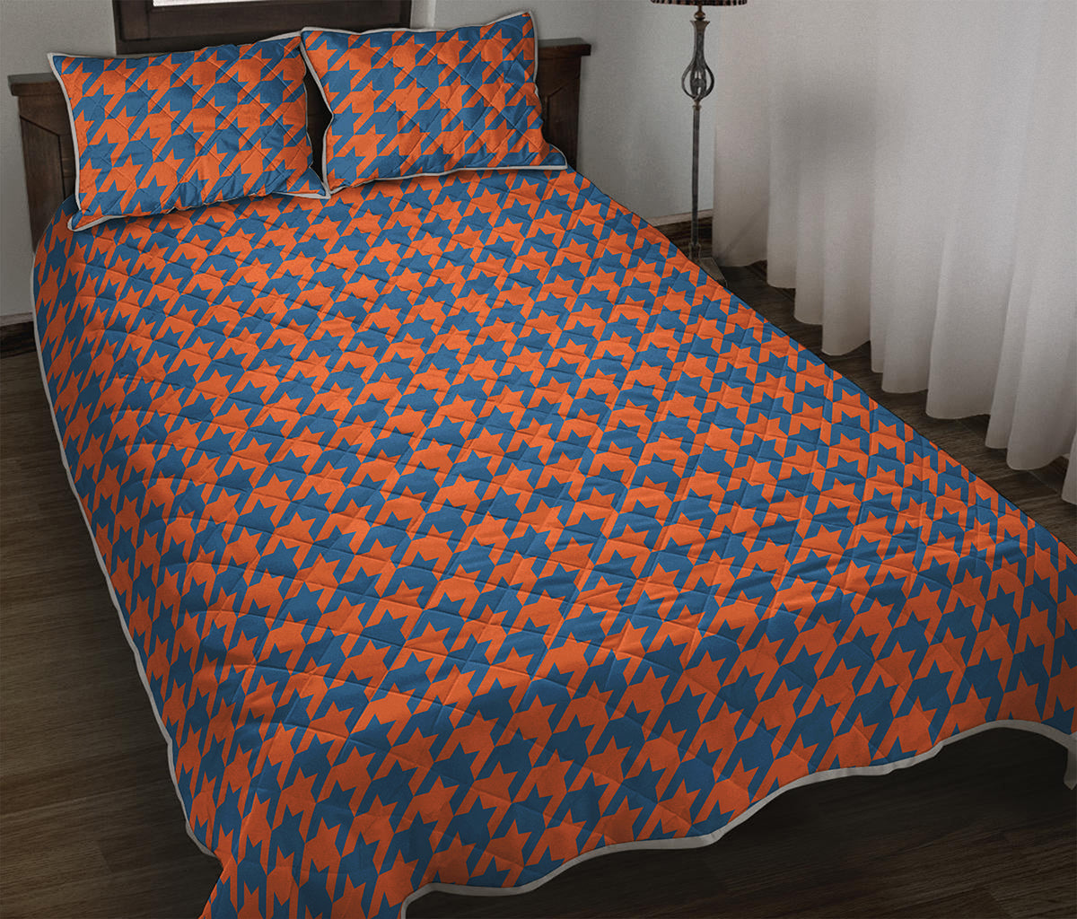 Orange And Blue Houndstooth Print Quilt Bed Set