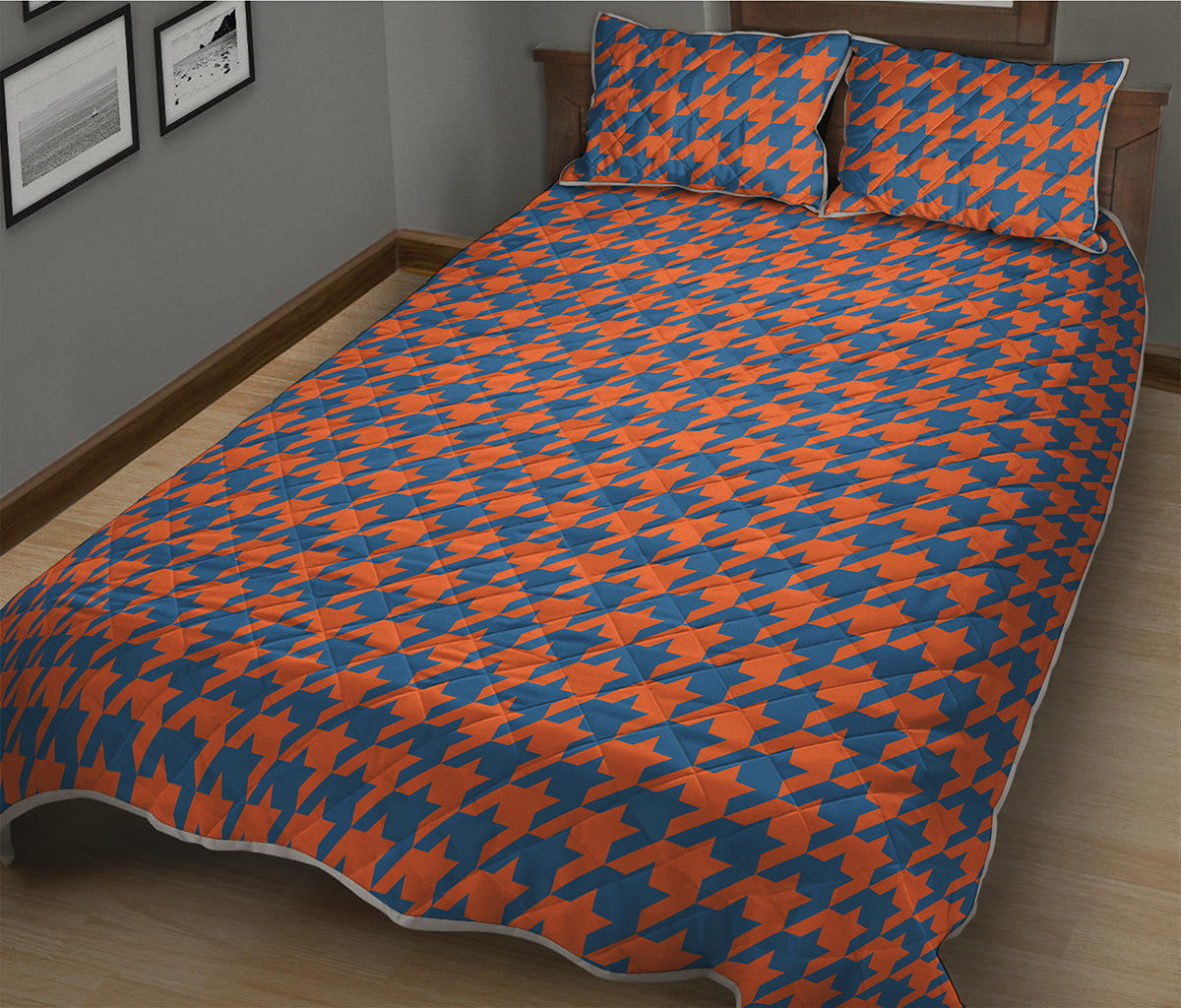 Orange And Blue Houndstooth Print Quilt Bed Set