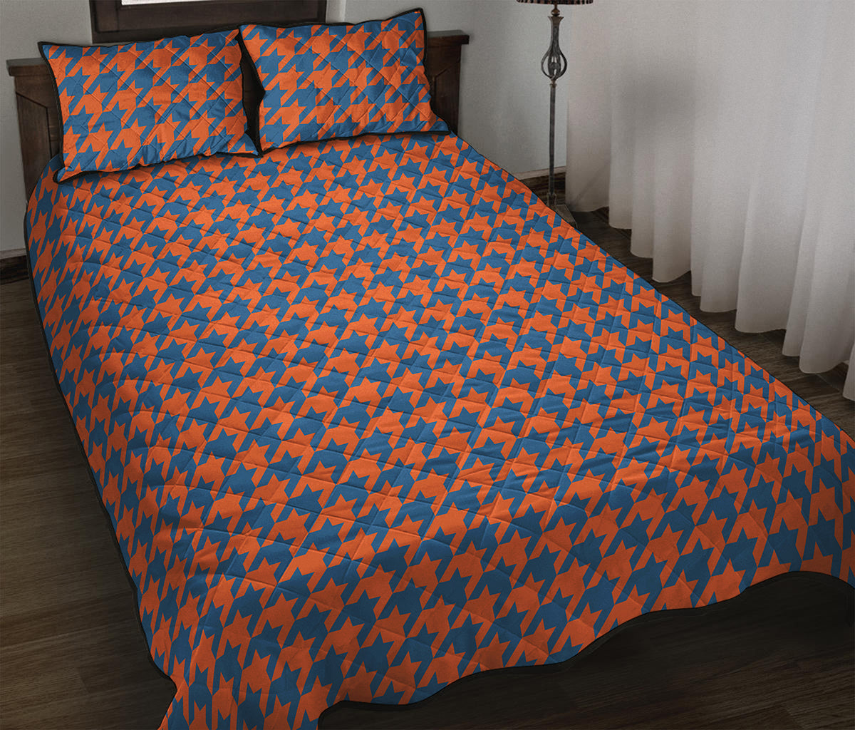 Orange And Blue Houndstooth Print Quilt Bed Set