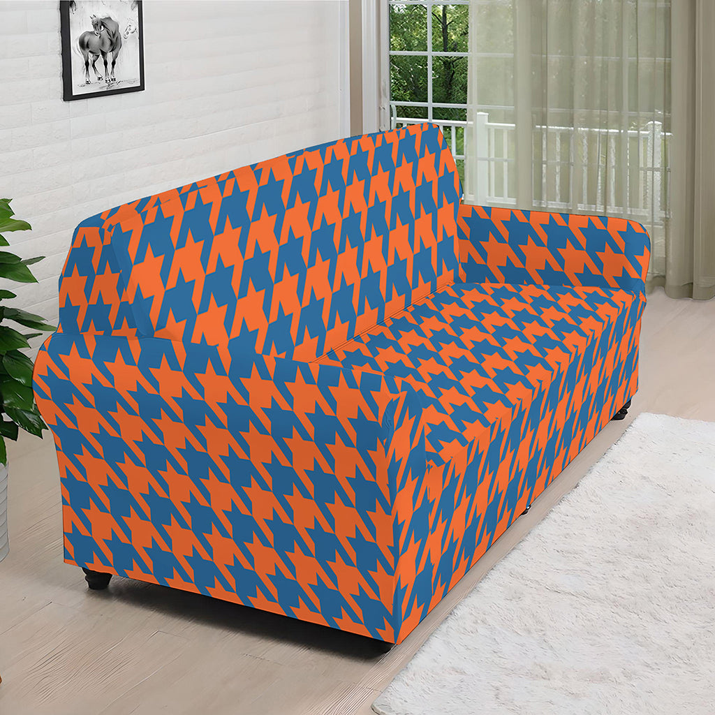 Orange And Blue Houndstooth Print Sofa Cover