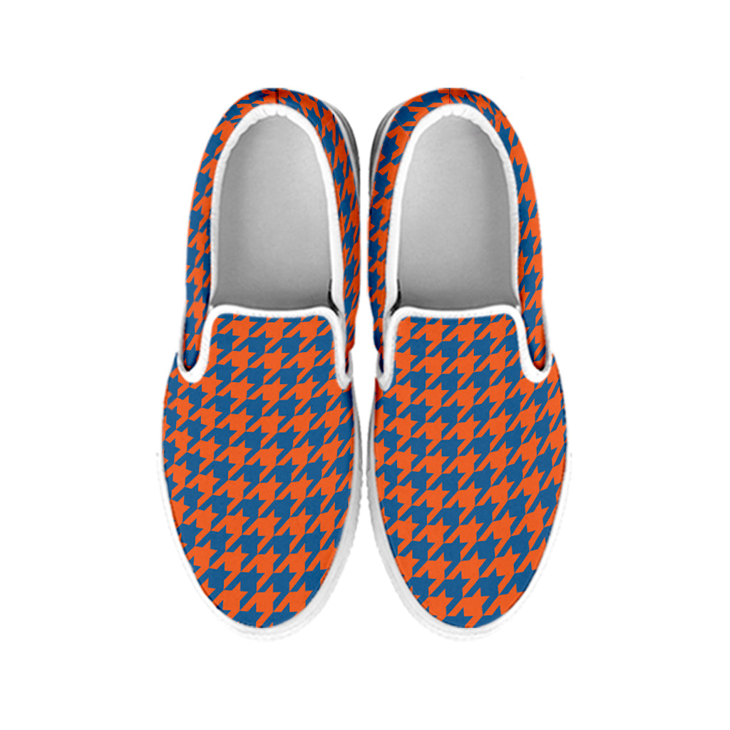 Orange And Blue Houndstooth Print White Slip On Shoes