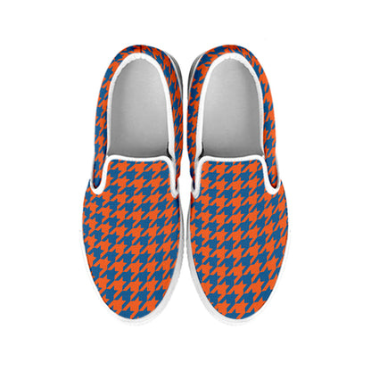 Orange And Blue Houndstooth Print White Slip On Shoes