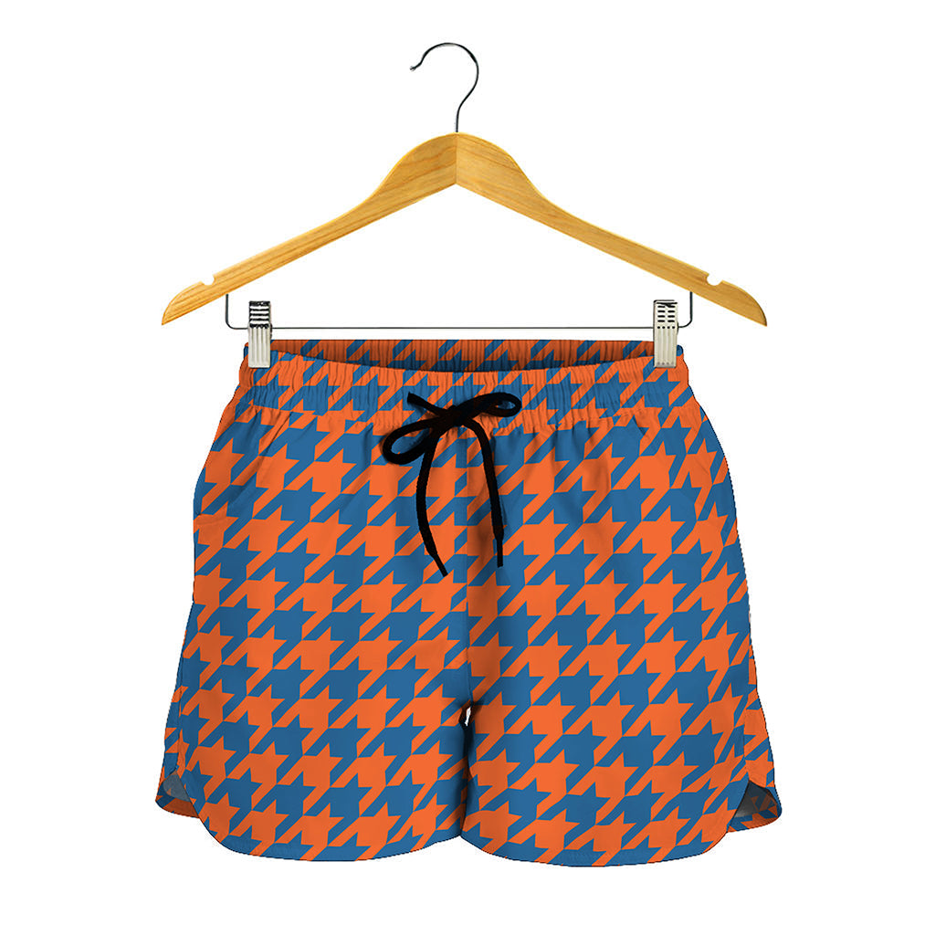 Orange And Blue Houndstooth Print Women's Shorts
