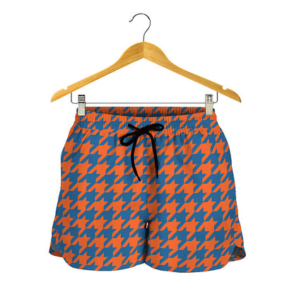 Orange And Blue Houndstooth Print Women's Shorts