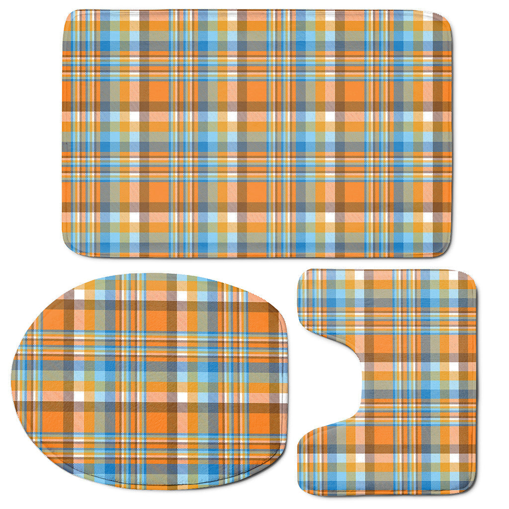 Orange And Blue Madras Pattern Print 3 Piece Bath Mat Set