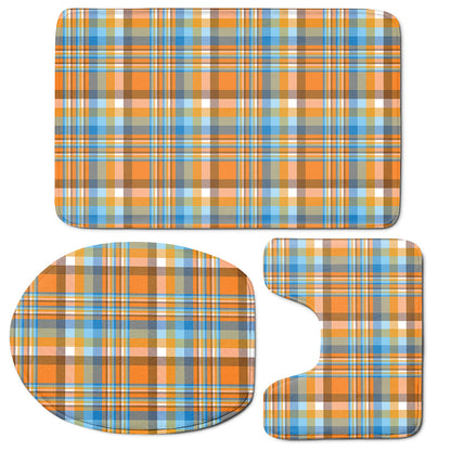 Orange And Blue Madras Pattern Print 3 Piece Bath Mat Set