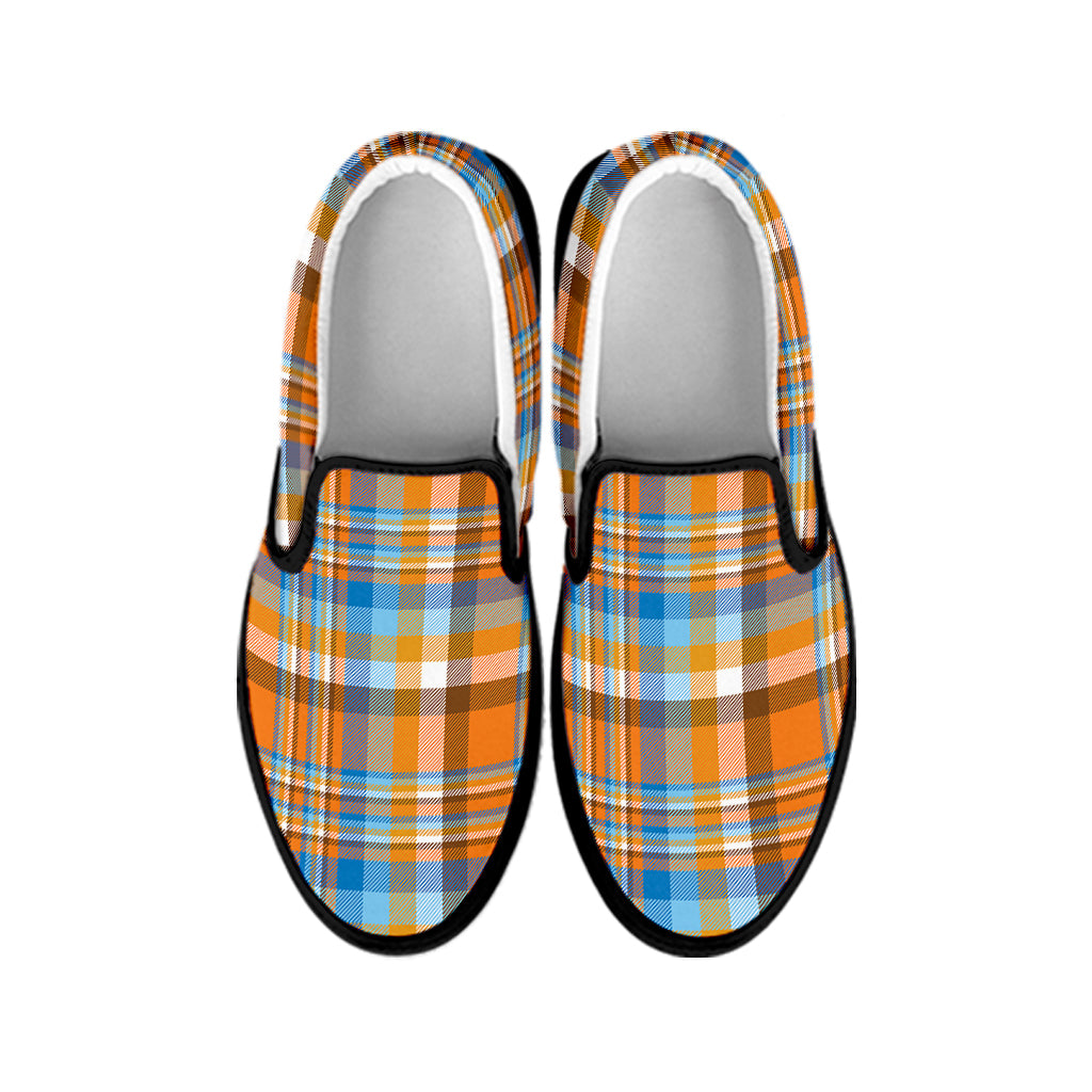 Orange And Blue Madras Pattern Print Black Slip On Shoes