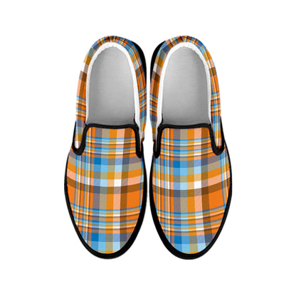 Orange And Blue Madras Pattern Print Black Slip On Shoes