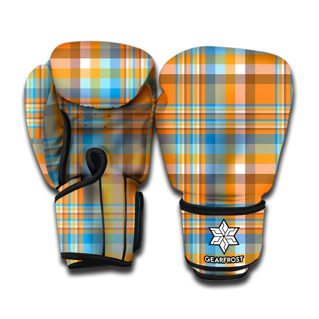 Orange And Blue Madras Pattern Print Boxing Gloves