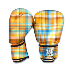 Orange And Blue Madras Pattern Print Boxing Gloves