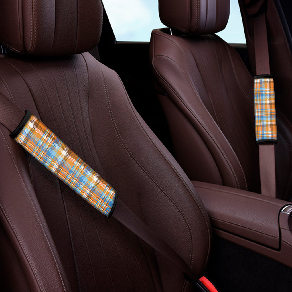 Orange And Blue Madras Pattern Print Car Seat Belt Covers