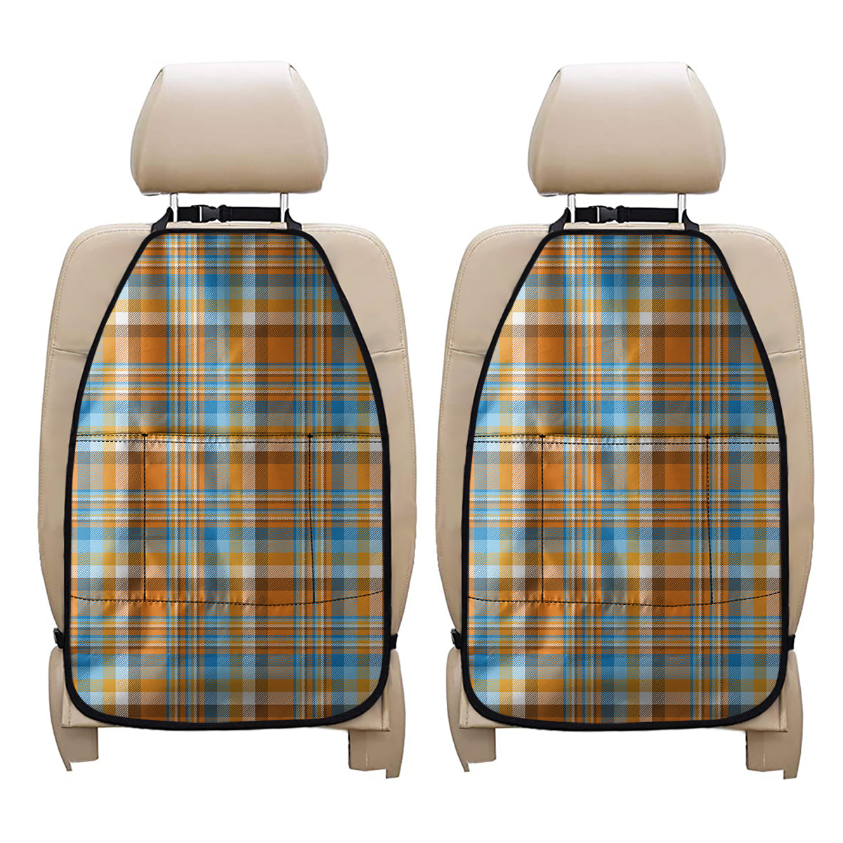 Orange And Blue Madras Pattern Print Car Seat Organizers