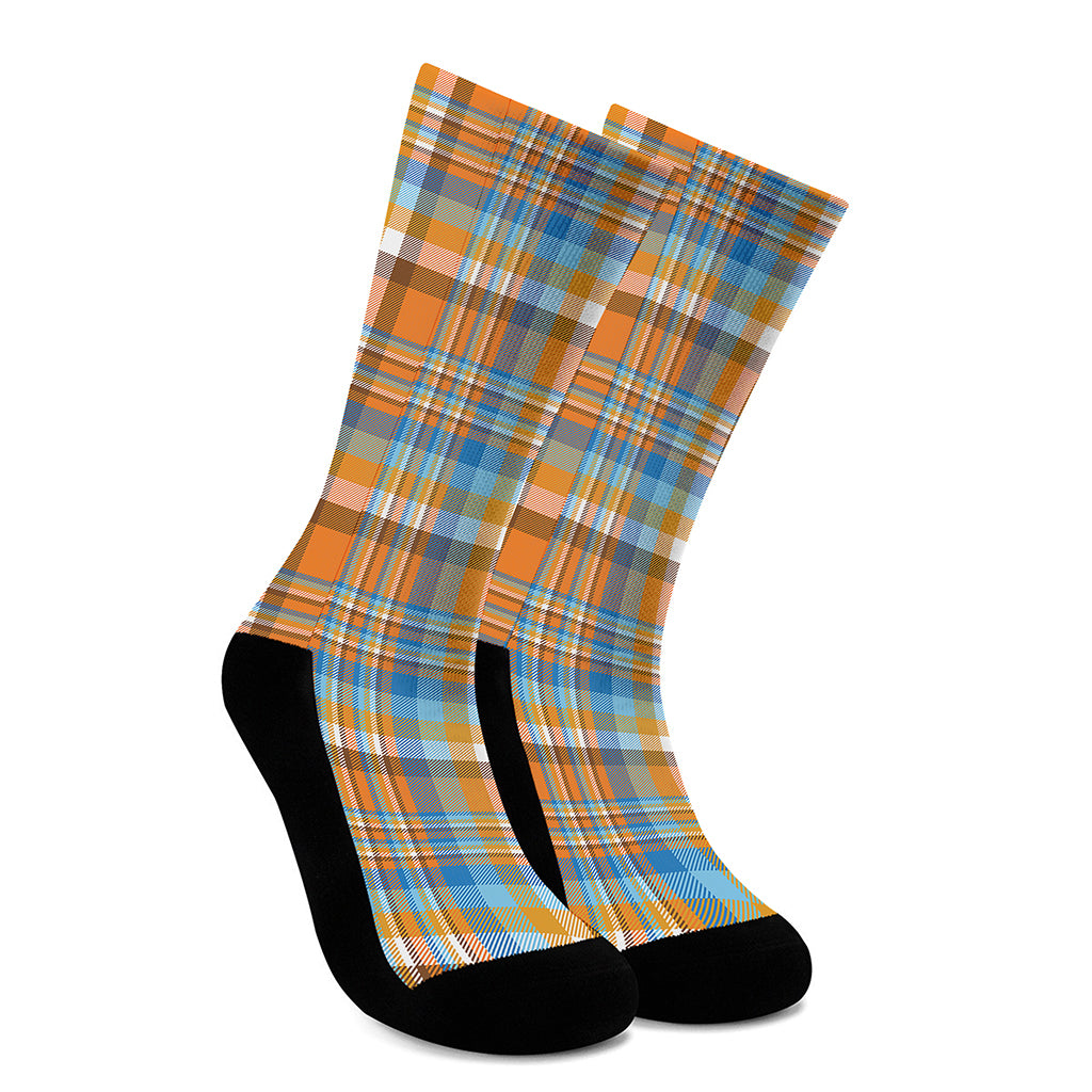 Orange And Blue Madras Pattern Print Crew Socks