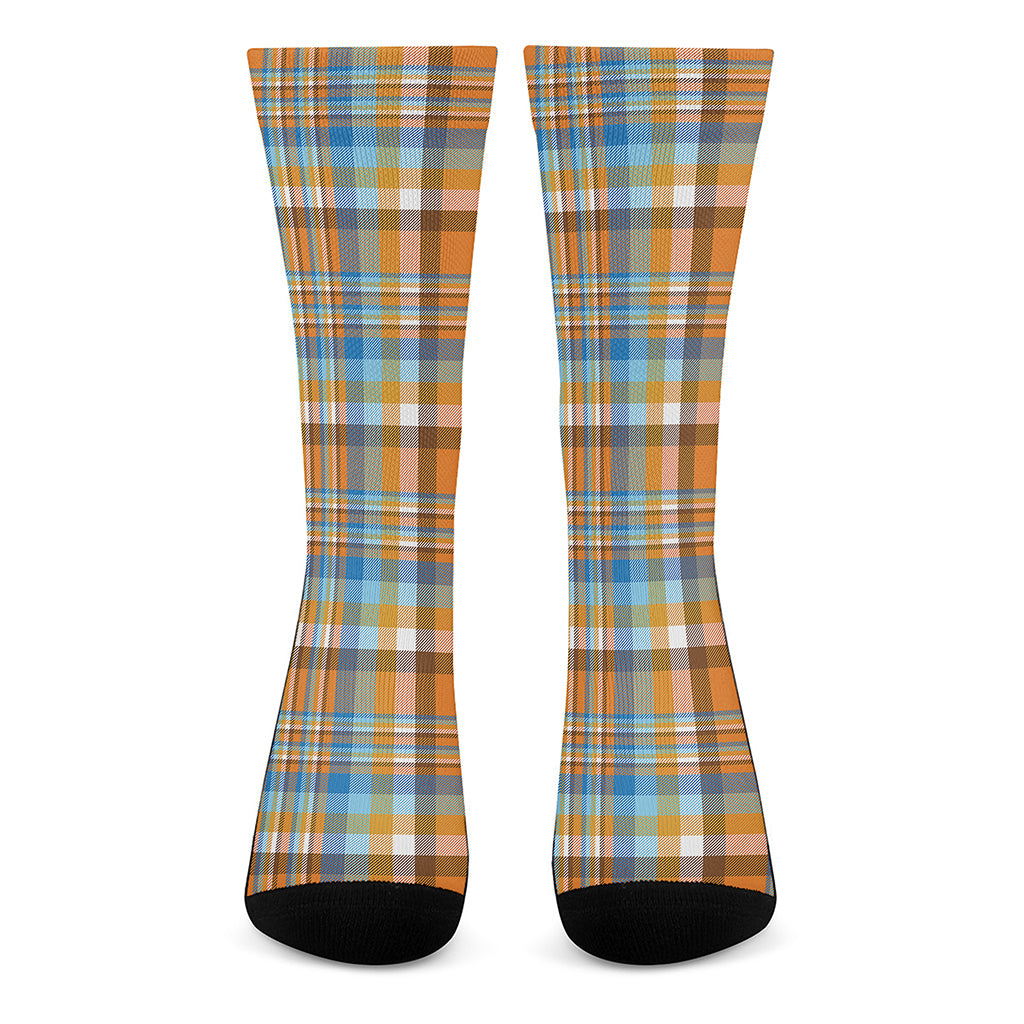 Orange And Blue Madras Pattern Print Crew Socks