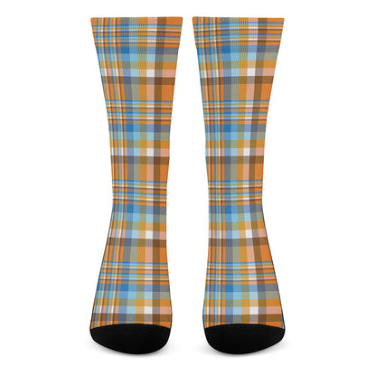 Orange And Blue Madras Pattern Print Crew Socks