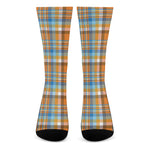 Orange And Blue Madras Pattern Print Crew Socks