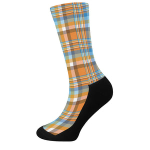 Orange And Blue Madras Pattern Print Crew Socks