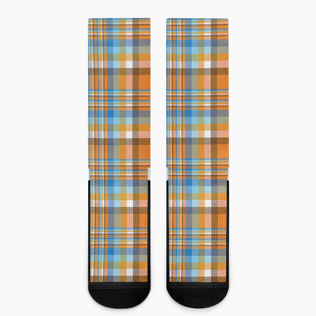 Orange And Blue Madras Pattern Print Crew Socks