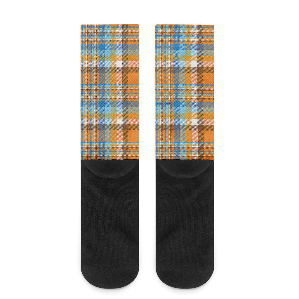 Orange And Blue Madras Pattern Print Crew Socks