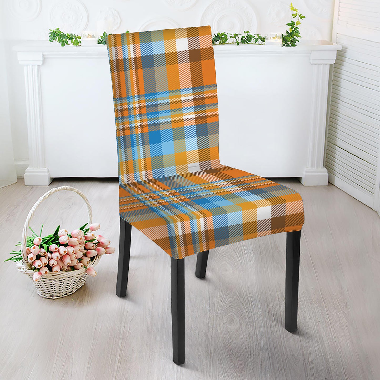 Orange And Blue Madras Pattern Print Dining Chair Slipcover