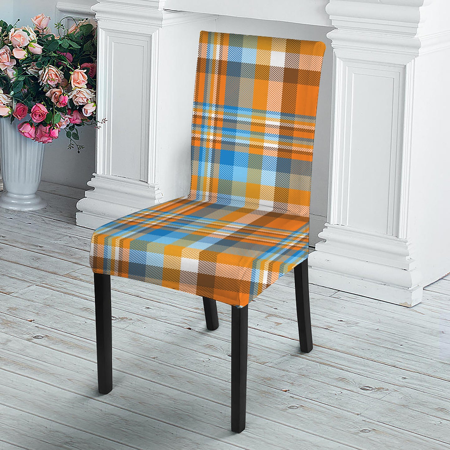 Orange And Blue Madras Pattern Print Dining Chair Slipcover