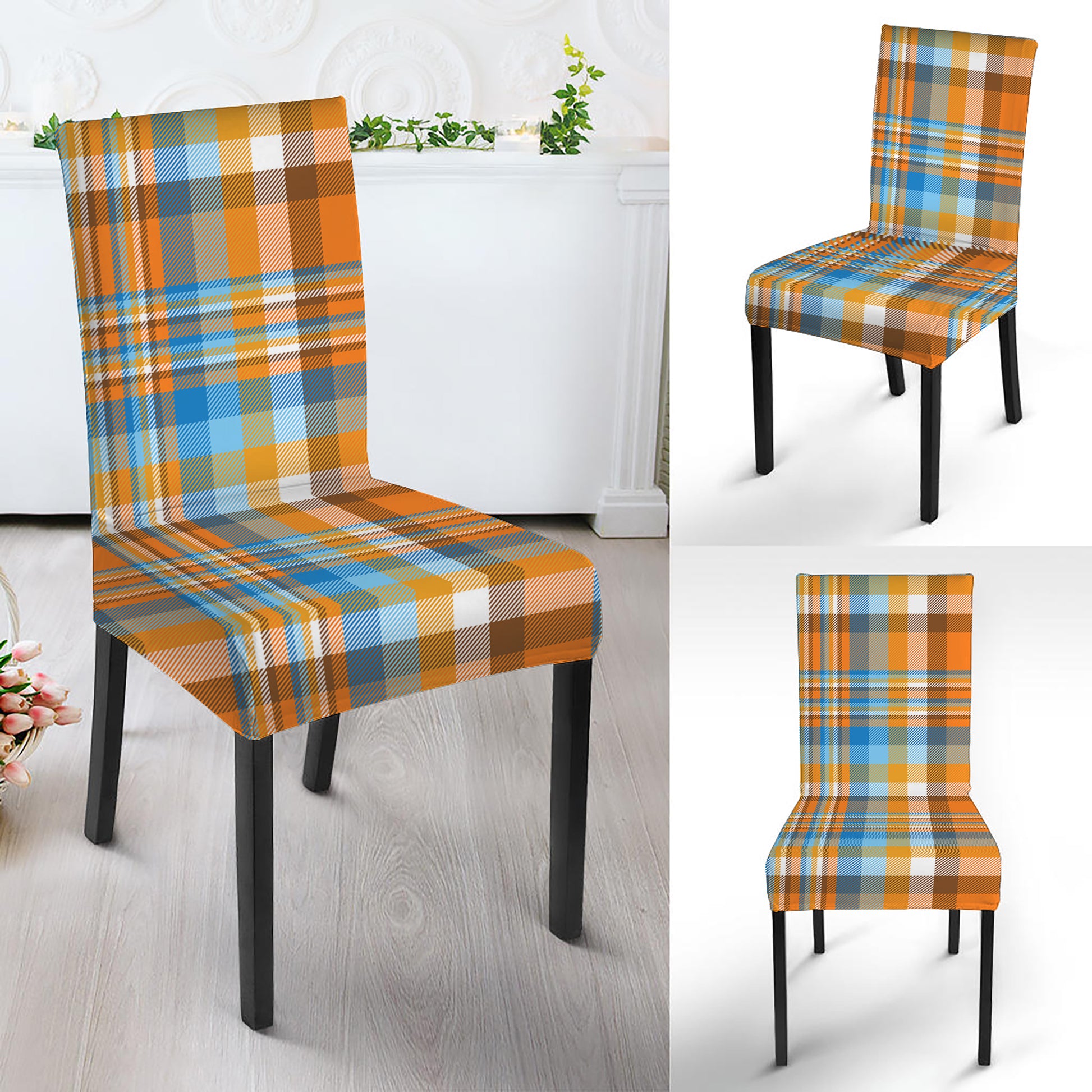 Orange And Blue Madras Pattern Print Dining Chair Slipcover