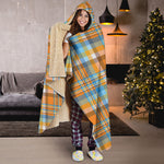Orange And Blue Madras Pattern Print Hooded Blanket