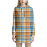Orange And Blue Madras Pattern Print Hoodie Dress
