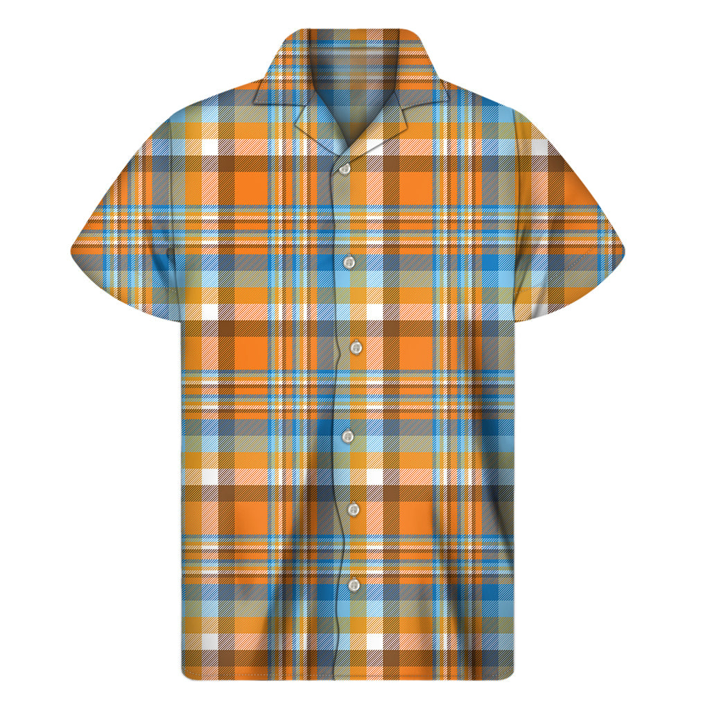 Orange And Blue Madras Pattern Print Men's Short Sleeve Shirt
