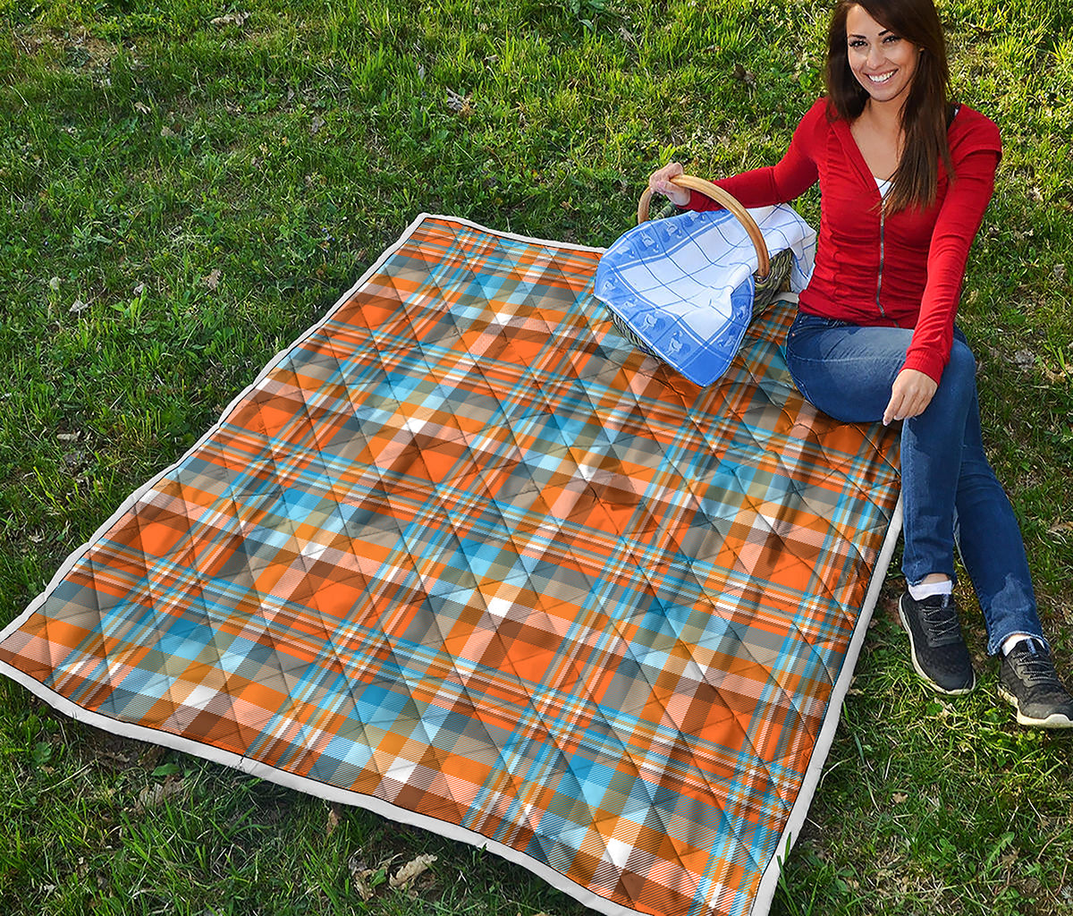 Orange And Blue Madras Pattern Print Quilt