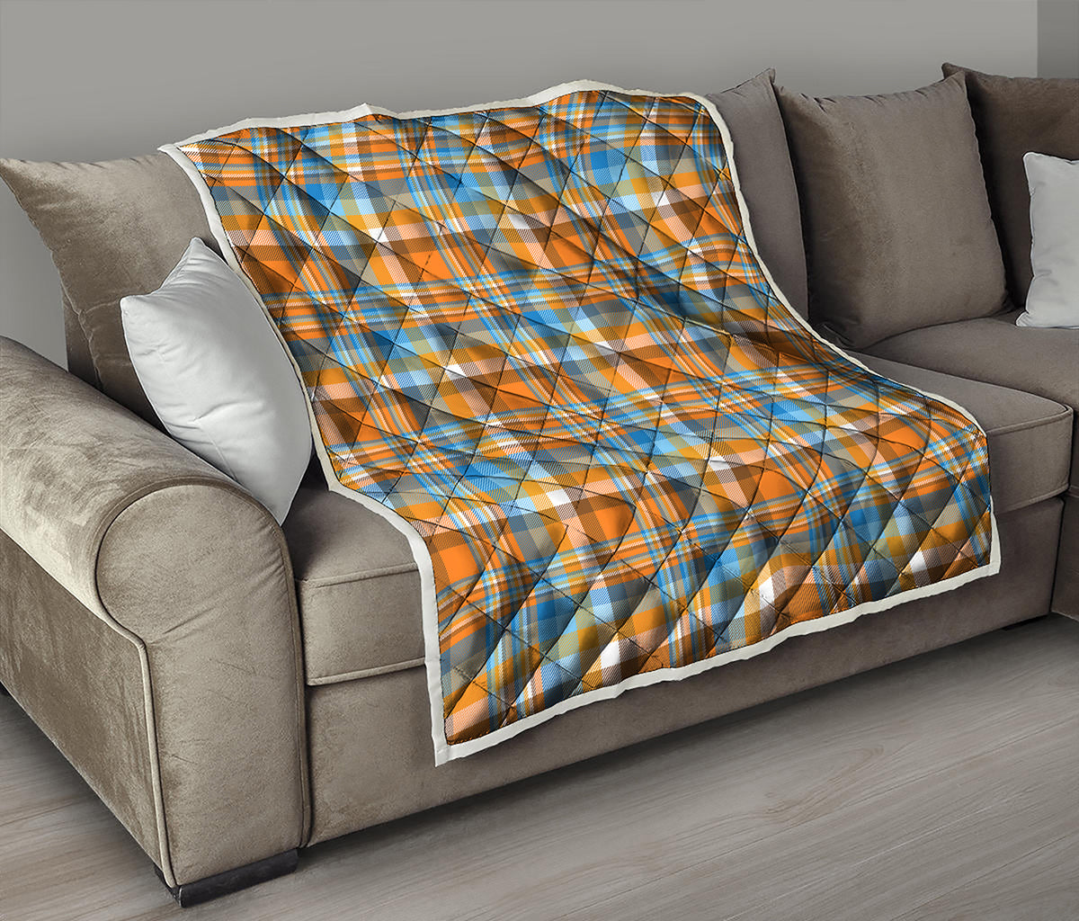 Orange And Blue Madras Pattern Print Quilt