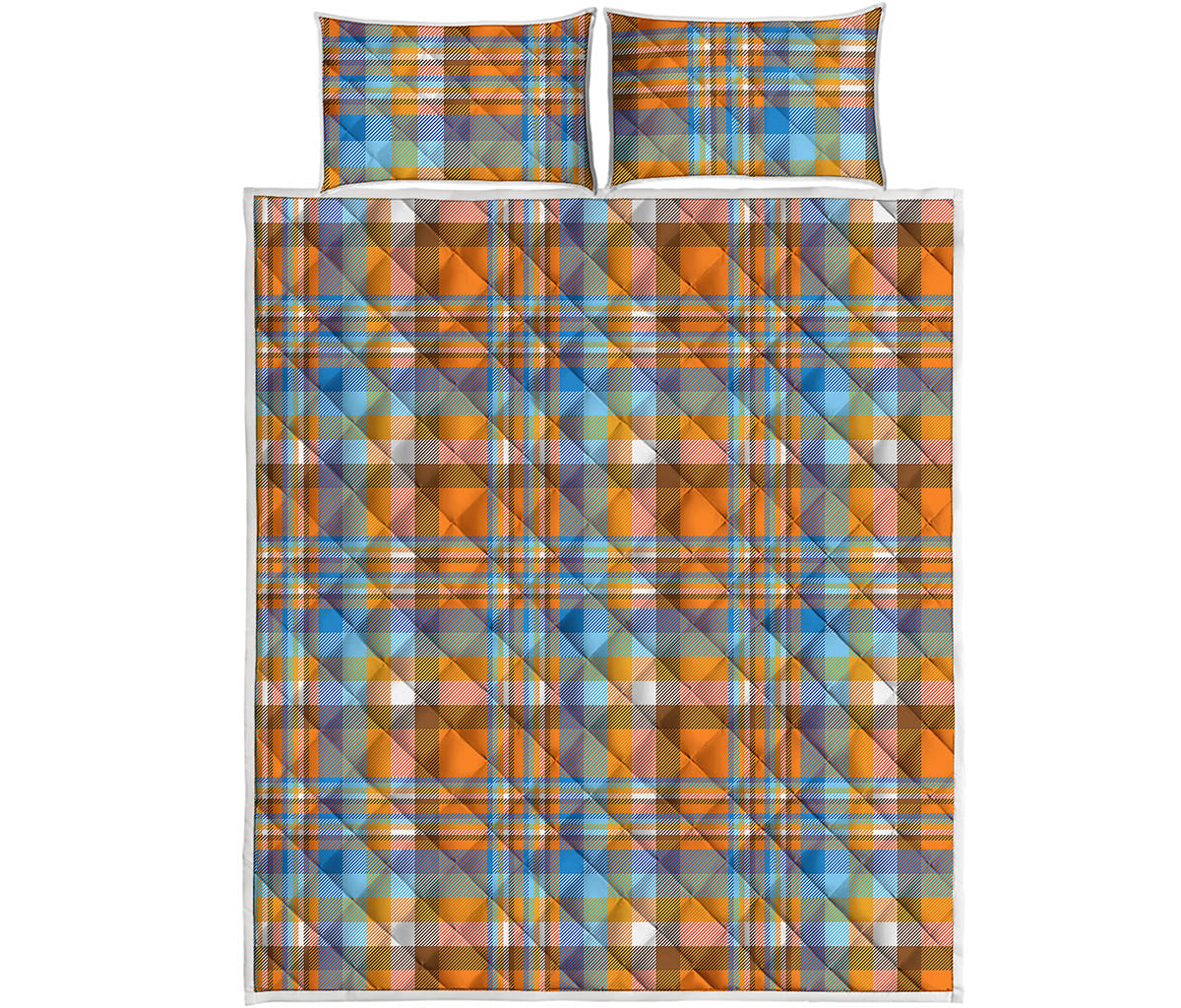 Orange And Blue Madras Pattern Print Quilt Bed Set
