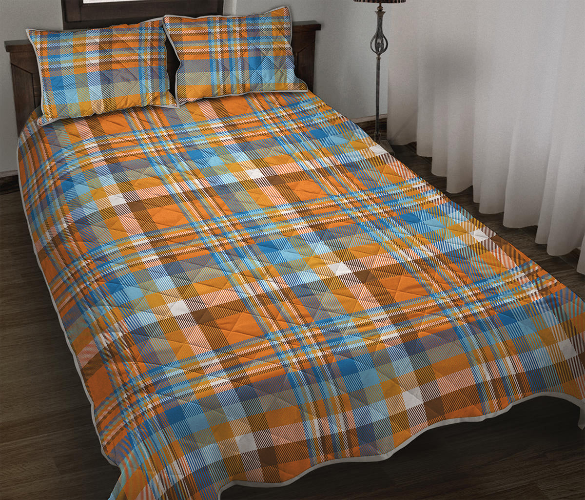 Orange And Blue Madras Pattern Print Quilt Bed Set