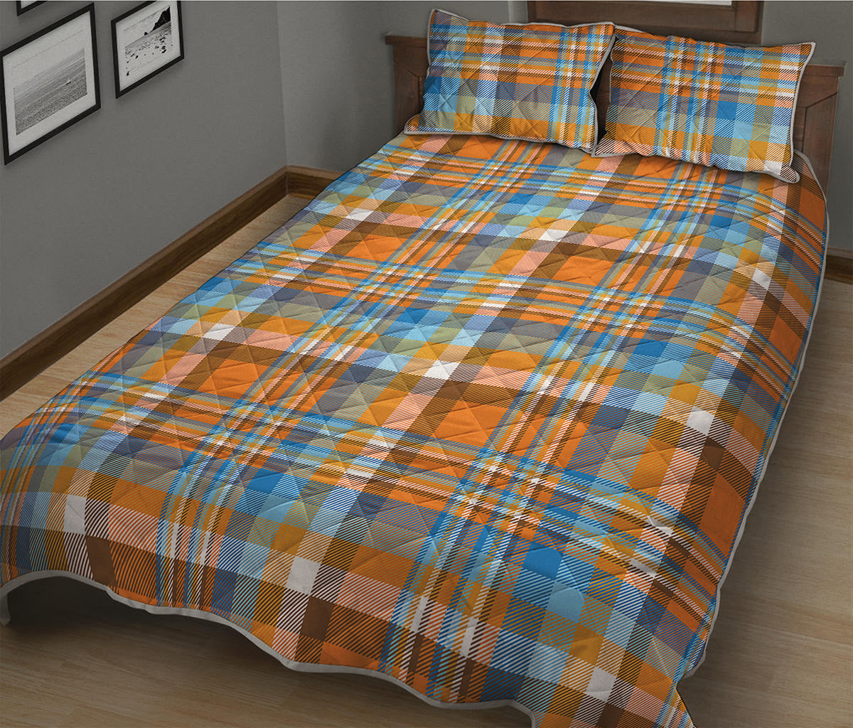Orange And Blue Madras Pattern Print Quilt Bed Set
